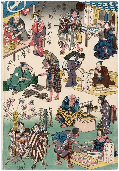 Personnages de pièces de théâtre en tant que marchands et clients - Utagawa Hiroshige